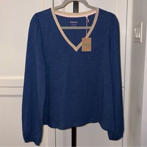 Boden Women's Blue Long Sleeve Metallic Trim Top 100% Cotton Size 12 NWT